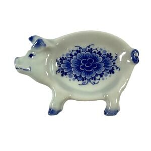 Blue Delftware Ceramic Pig Trinket Bowl Delfleur Hand painted Made in Holland